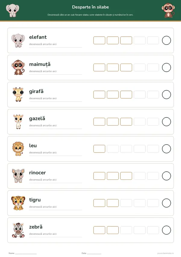 Fișă de lucru printabilă cu opt animale din safari desenate în stil kawaii, cu căsuțe pentru silabele fiecărui nume.