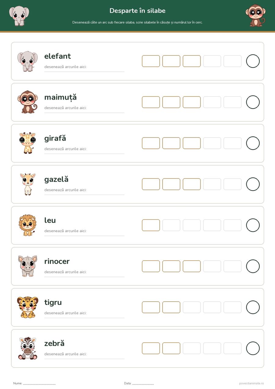 Fișă de lucru printabilă cu opt animale din safari desenate în stil kawaii, cu căsuțe pentru silabele fiecărui nume.