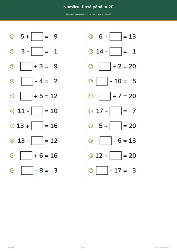 Fișă de lucru printabilă cu 20 de calcule pe două coloane, fiecare cu o căsuță goală în locul unui termen, de exemplu 5 + căsuță = 9.