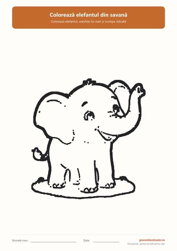 Planșă de colorat alb-negru cu un elefant vesel, cu trompa ridicată