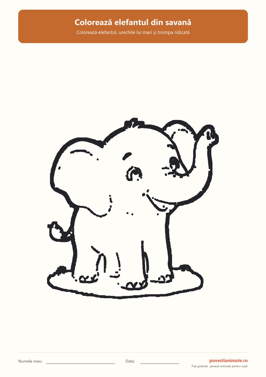 Planșă de colorat alb-negru cu un elefant vesel, cu trompa ridicată