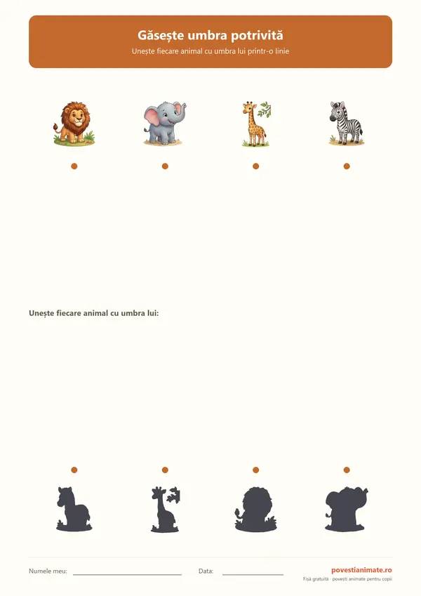 Patru animale din safari sus și umbrele lor amestecate jos, de unit cu o linie