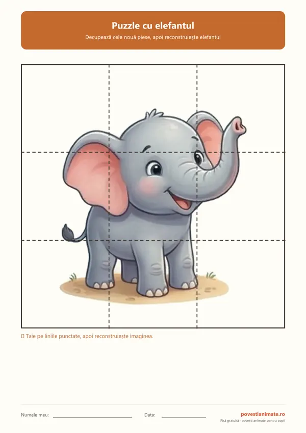 Imagine mare cu un elefant, împărțită în nouă piese de decupat
