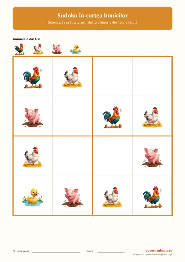 Grilă de sudoku 4 pe 4 cu cocoș, găină, purcel și rățușcă