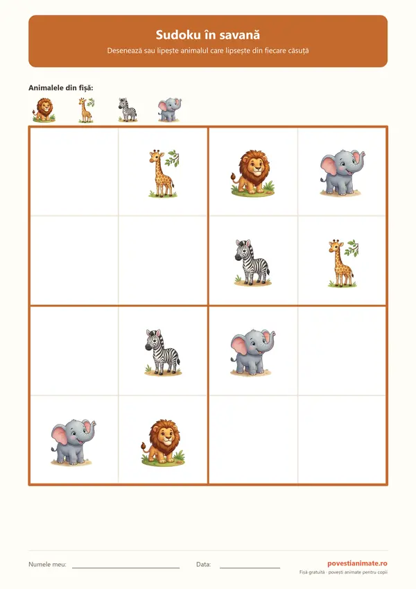 Grilă de sudoku 4 pe 4 cu leu, girafă, zebră și elefant