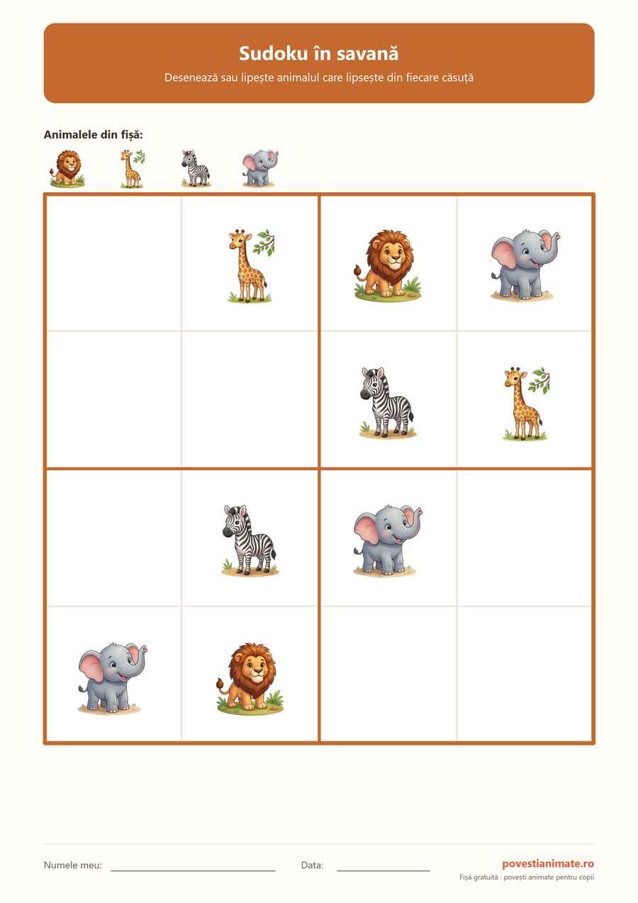 Grilă de sudoku 4 pe 4 cu leu, girafă, zebră și elefant