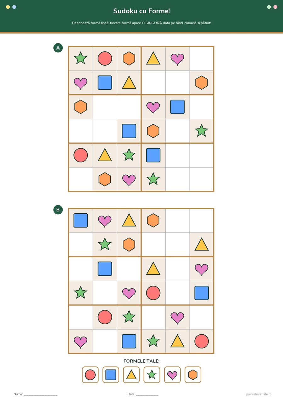Fișă de lucru printabilă cu două grile de sudoku în care copiii desenează formele geometrice lipsă din grilă.