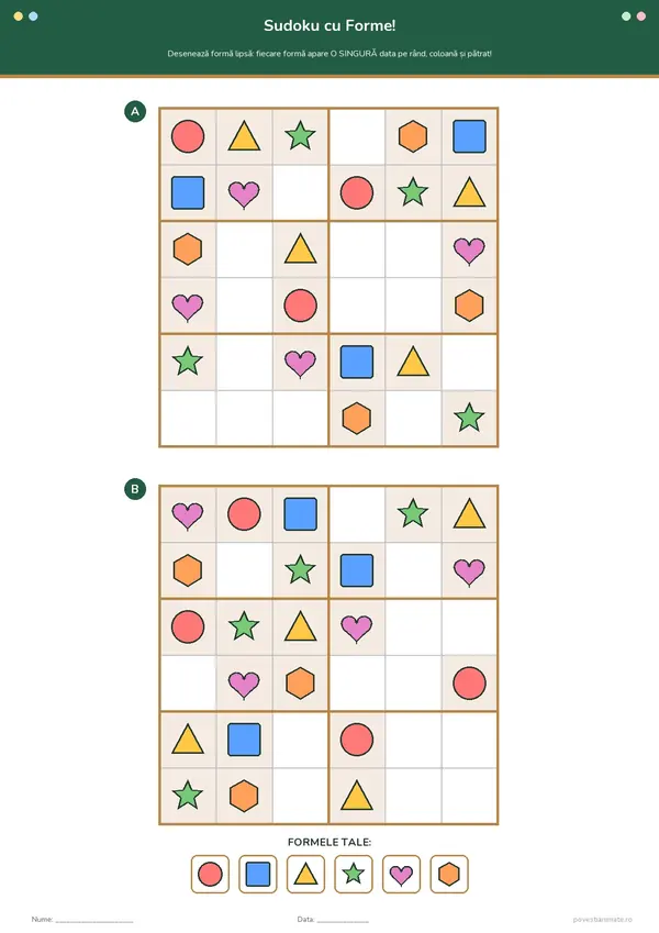 Fișă de lucru printabilă cu două grile sudoku 6×6 în care copiii desenează formele geometrice lipsă.