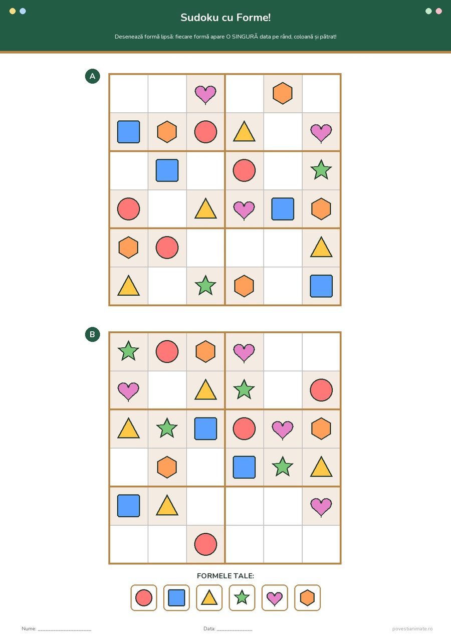 Fișă de lucru printabilă cu două grile sudoku 6×6 cu forme colorate: cerc, pătrat, triunghi, stea, inimă și hexagon.
