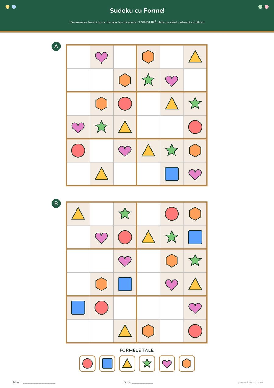 Fișă de lucru printabilă cu două grile sudoku 6×6 în care copiii desenează formele geometrice lipsă.