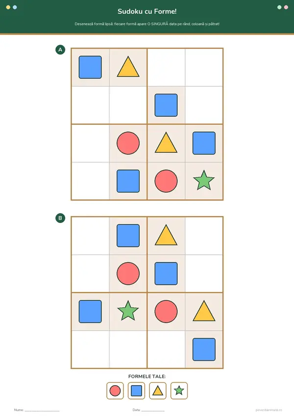 Fișă de lucru printabilă cu două grile de sudoku în care copiii desenează formele geometrice lipsă din grilă.