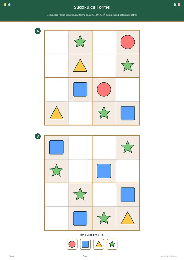 Fișă de lucru printabilă cu două grile de sudoku 4×4 în care copiii desenează formele geometrice lipsă: cerc, pătrat, triunghi și stea.