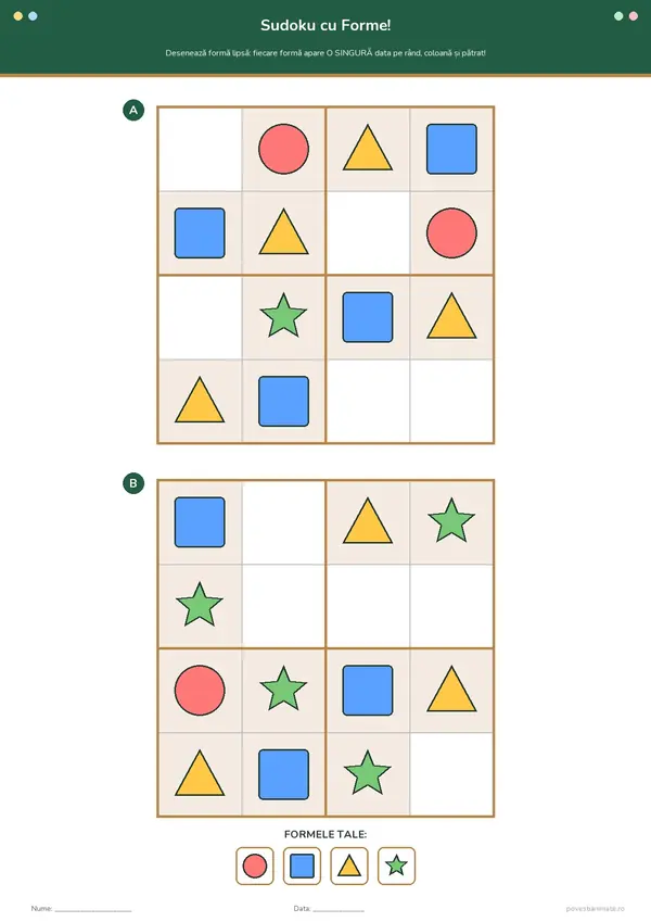 Fișă de lucru printabilă cu două grile de sudoku în care copiii desenează formele geometrice lipsă din grilă.