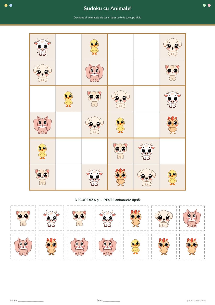 Fișă de lucru printabilă cu un sudoku 6×6 cu animăluțe kawaii de la fermă și 14 jetoane de decupat și lipit în căsuțele goale.