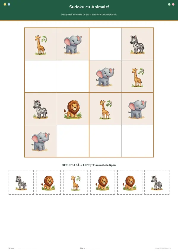 Fișă de lucru printabilă cu un sudoku 4 × 4 cu girafă, elefant, zebră și leu și un rând de cartonașe de decupat cu animalele lipsă.