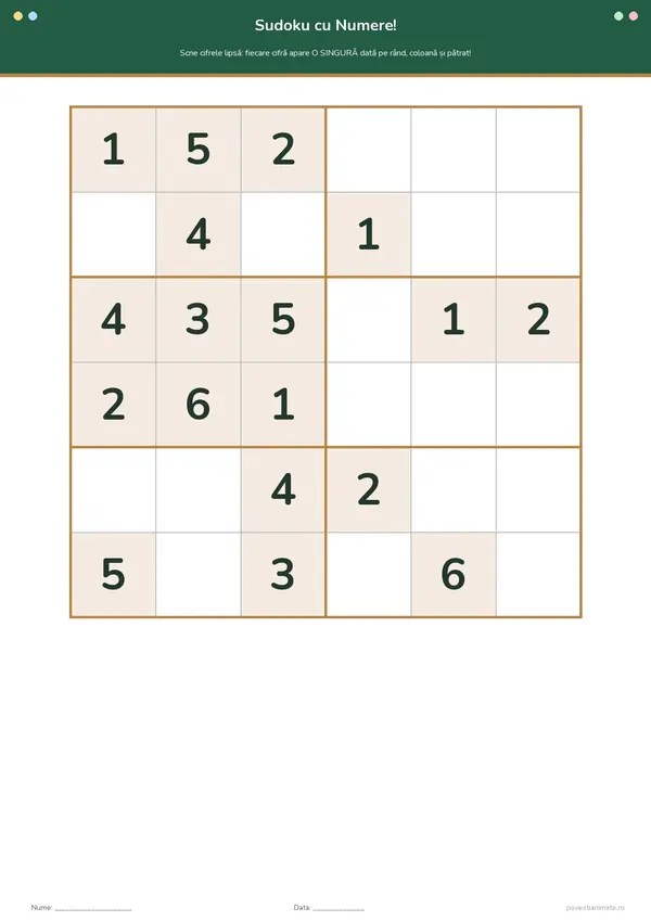 Fișă de lucru printabilă cu o grilă sudoku 6×6 în care copiii completează cifrele lipsă de la 1 la 6.