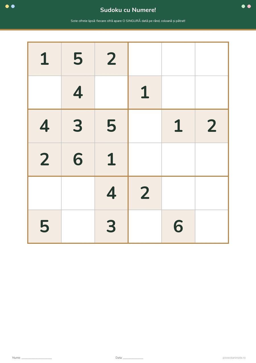 Fișă de lucru printabilă cu o grilă sudoku 6×6 în care copiii completează cifrele lipsă de la 1 la 6.