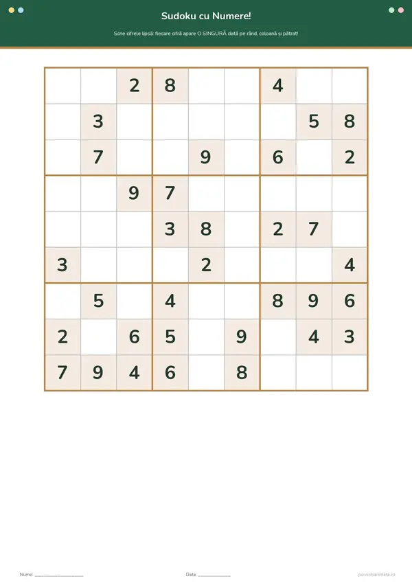 Fișă de lucru printabilă cu o grilă sudoku 9×9 în care copiii completează cifrele lipsă de la 1 la 9.