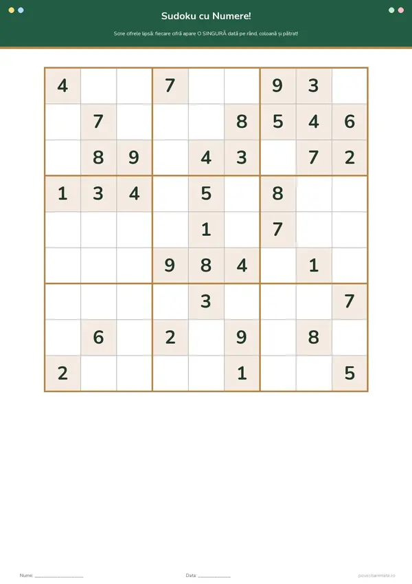Fișă de lucru printabilă cu o grilă de sudoku 9 × 9, cu cifrele date pe fond crem și căsuțele goale de completat.