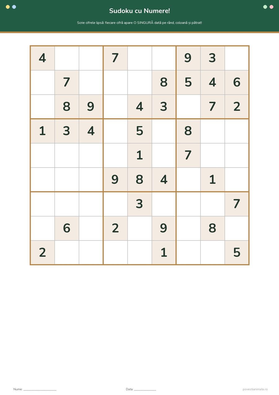 Fișă de lucru printabilă cu o grilă de sudoku 9 × 9, cu cifrele date pe fond crem și căsuțele goale de completat.