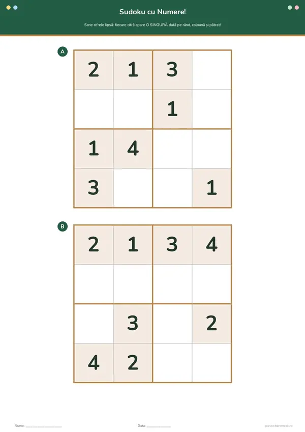 Fișă de lucru printabilă cu două grile sudoku 4×4, A și B, în care copiii completează cifrele lipsă de la 1 la 4.