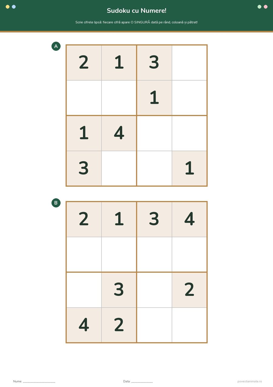 Fișă de lucru printabilă cu două grile sudoku 4×4, A și B, în care copiii completează cifrele lipsă de la 1 la 4.
