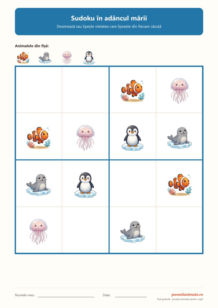 Grilă de sudoku 4 pe 4 pentru copii, cu peștișor, focă, meduză și pinguin