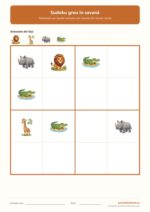 Grilă de sudoku 4 pe 4 pentru școlari mici, cu leu, girafă, rinocer și crocodil
