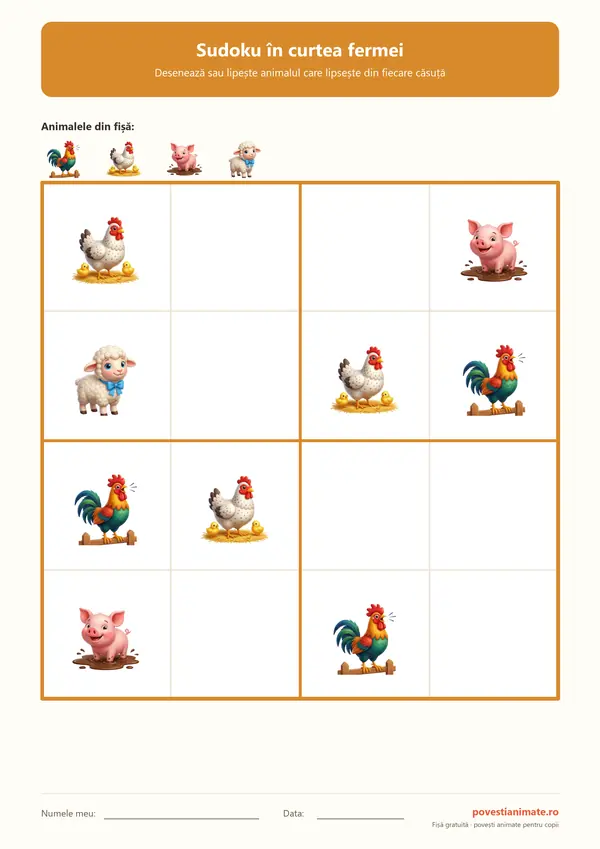 Grilă de sudoku 4 pe 4 pentru copii, cu cocoș, găină, purcel și miel