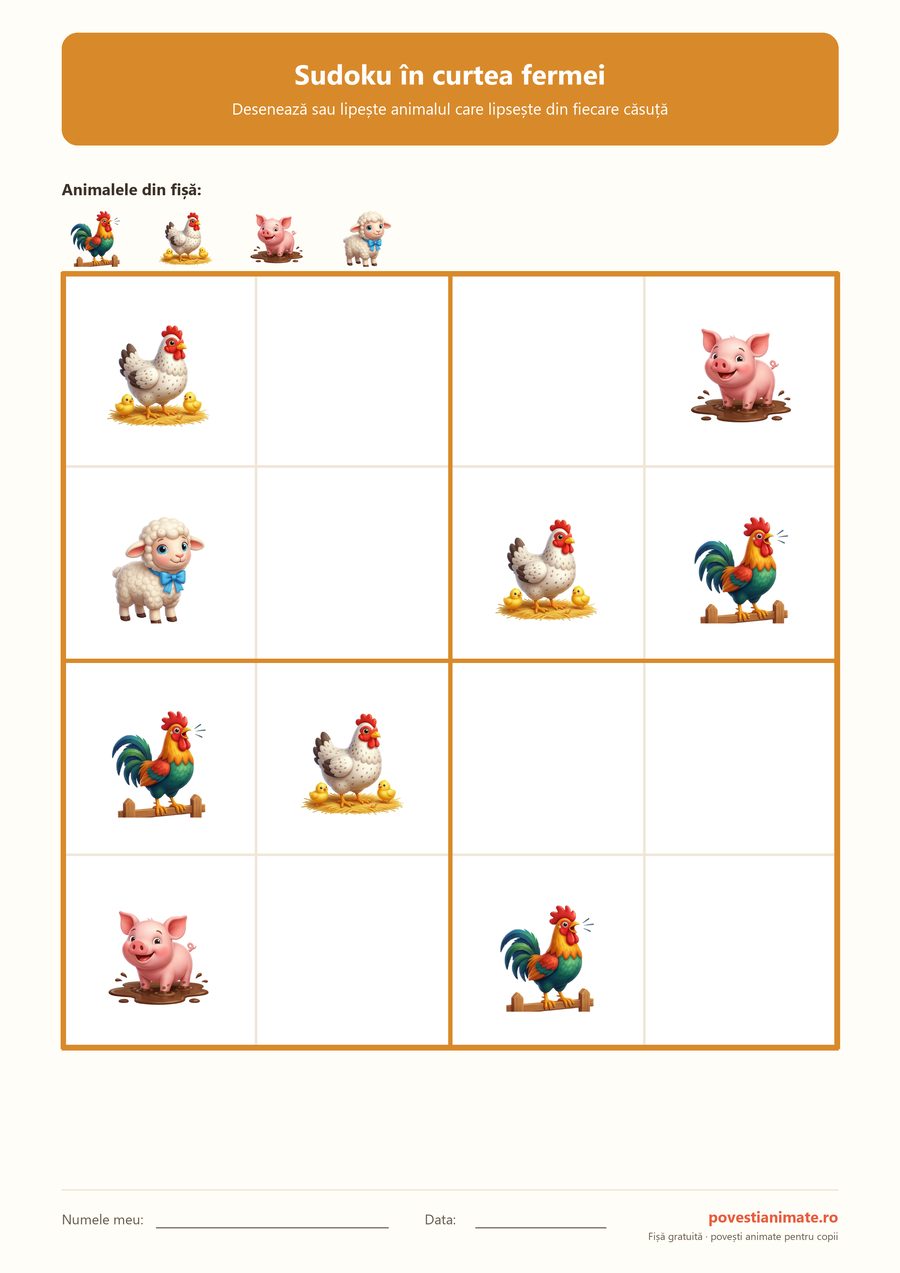 Grilă de sudoku 4 pe 4 pentru copii, cu cocoș, găină, purcel și miel